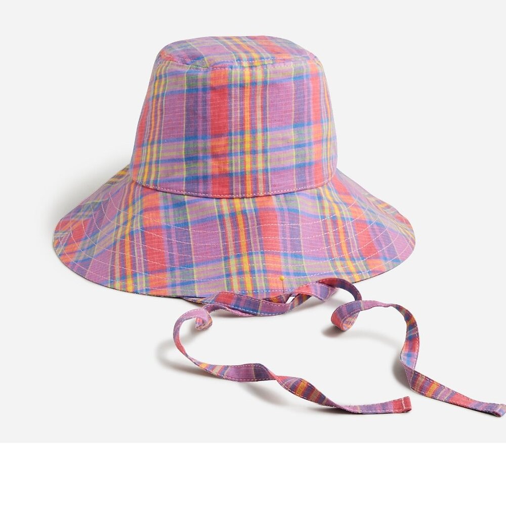 NWT J. Crew Madras Linen Bucket Hat With Ties